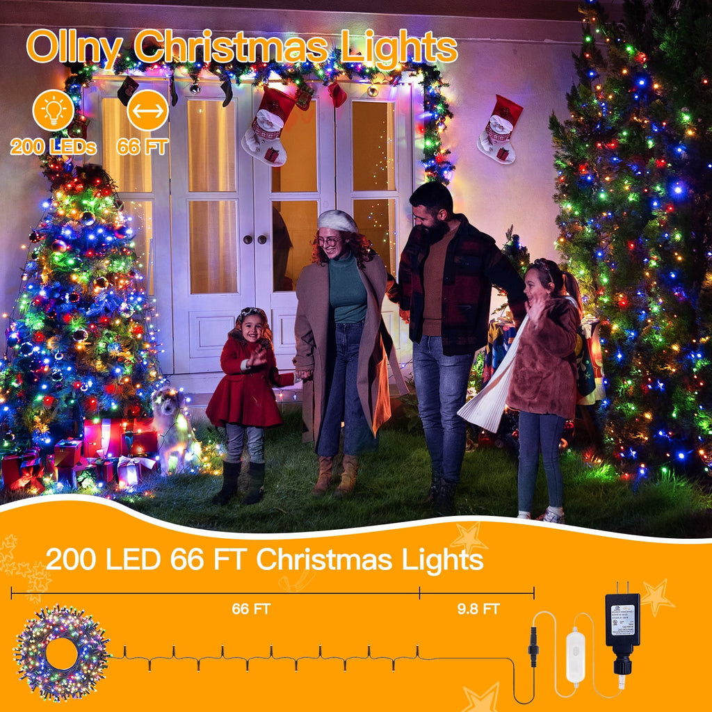 Ollny 66ft 200 LED Christmas String Lights, 8 Lighting Modes 3 Timing Waterproof Indoor Outdoor Christmas Lights for Party Garden Holiday, Multicolor