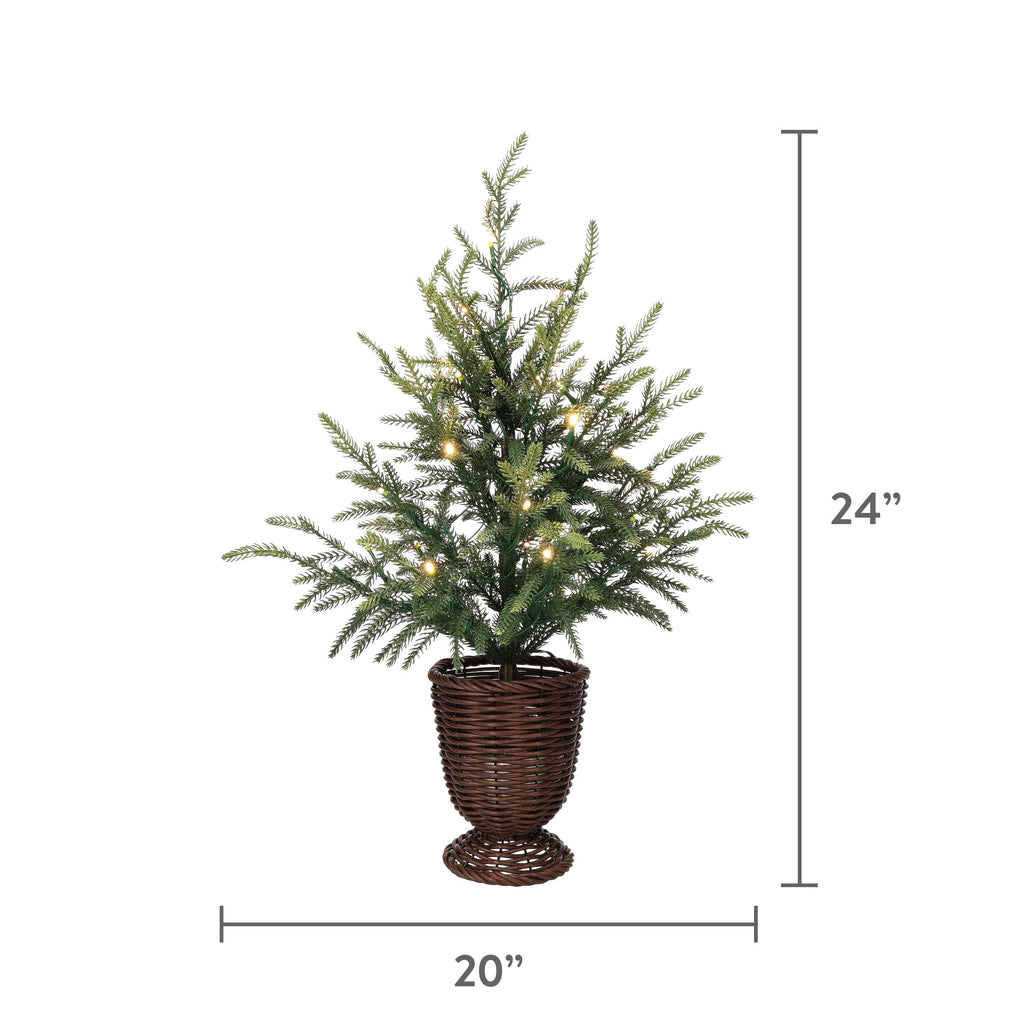 My Texas House 2' Small Pre-Lit Norfolk Pine Green Artificial Christmas Tree with 30 Warm White Twinkle LED Lights in Woven Basket