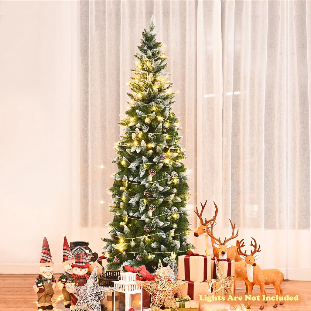 Topbuy 7.5'Artificial Pencil Christmas Tree Snow Flocked Tree w/ Pine Cones and Metal stand