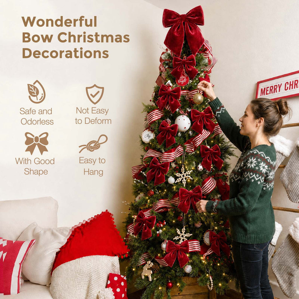 Ayieyill 13 Pack Velvet Red Christmas Tree Bows, Large Christmas Bows for Tree Wreath Stairs Railing Fireplace Indoor Decor