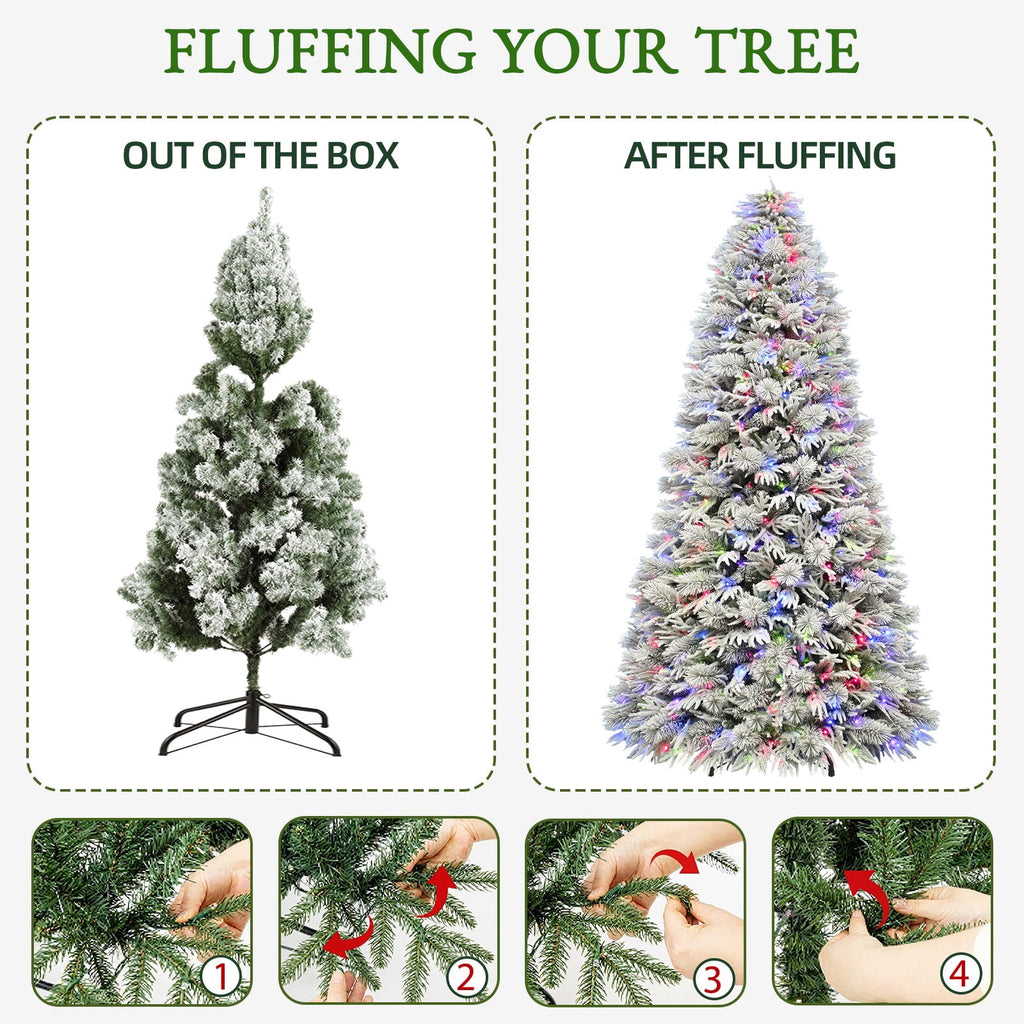 VIVATREES 7.5FT Premium Flocked Christmas Tree 550 Multi-Color LED Lights 5490 PVC PE Hinged Branch Tips Pre-Lit Artificial Xmas Pine Needles Metal Base for Home Office Holiday Decor