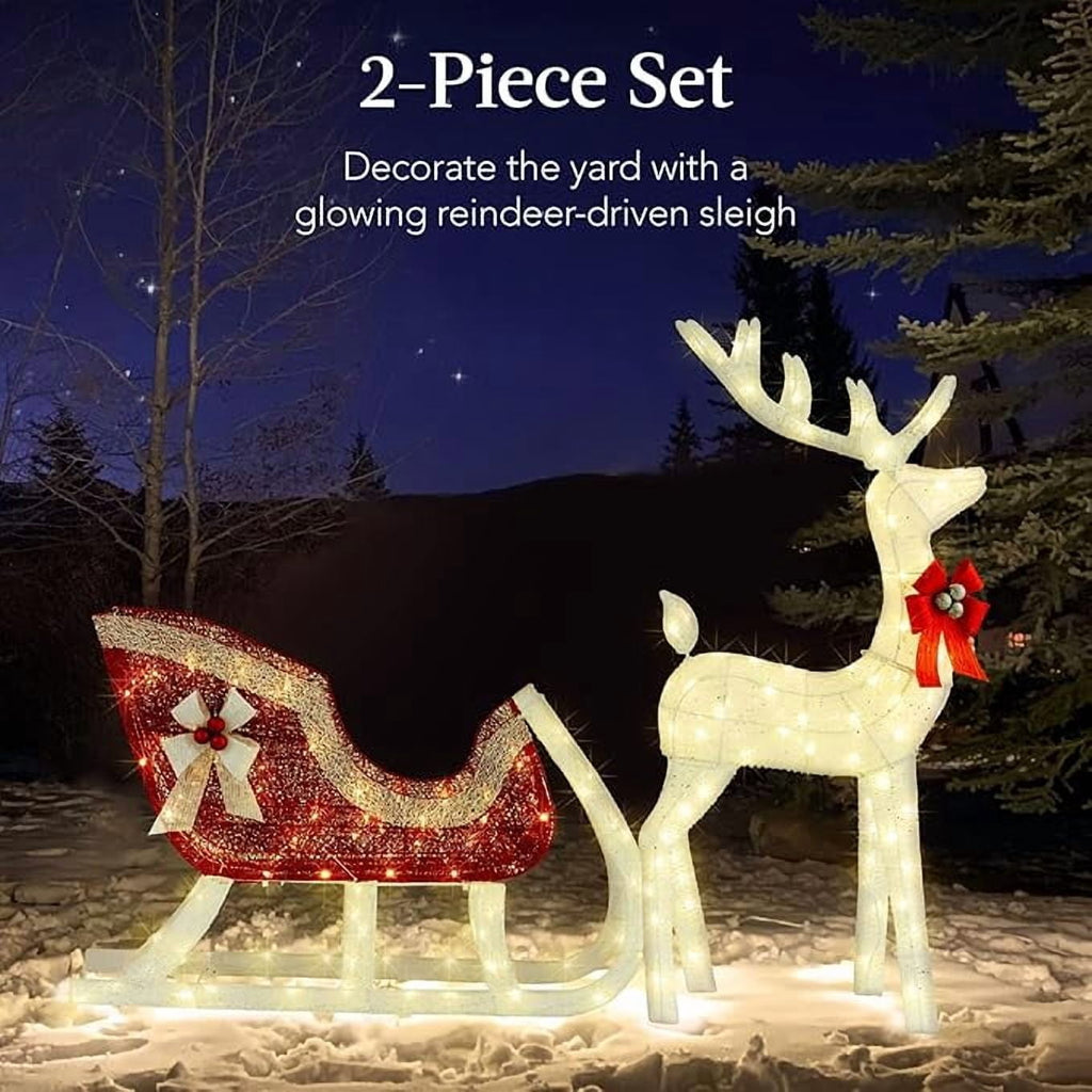 CONCETTA 4ft Lighted Christmas Reindeer & Sleigh Yard Decoration, Outdoor Holiday Lighted Display w/ 180 LED Lights, White Red