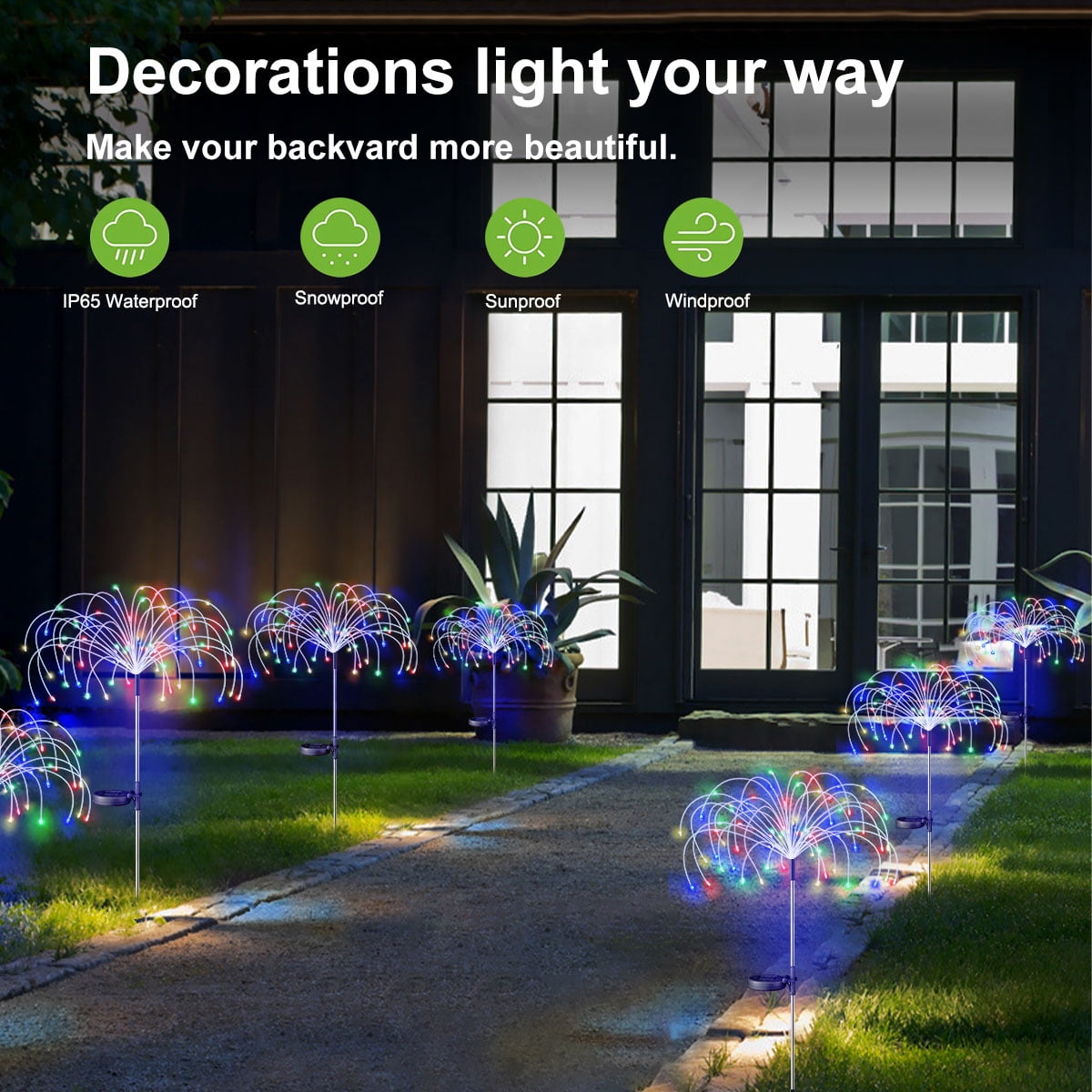 Rirool 2 Pack Solar Firework Lights, 120 LED Outdoor Garden Lights, Waterproof IP65 Pathway Yard Decor, DIY Copper Wire, Auto On/Off, Warm White