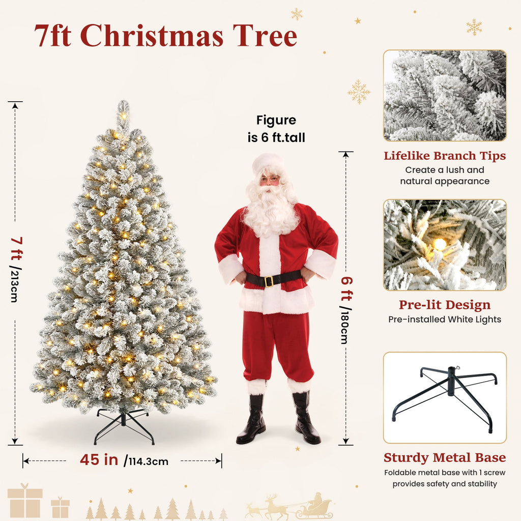 Lolsea 7ft Prelit Snow Flocked Artificial Holiday Christmas Tree w/ Warm White Lights, Foldable Stand, Full Snow Branch Tips