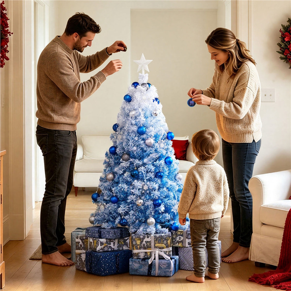 Alden Design 7.5 ft Pre-Lit Flocked Christmas Tree with Warm Lights, Frosted White