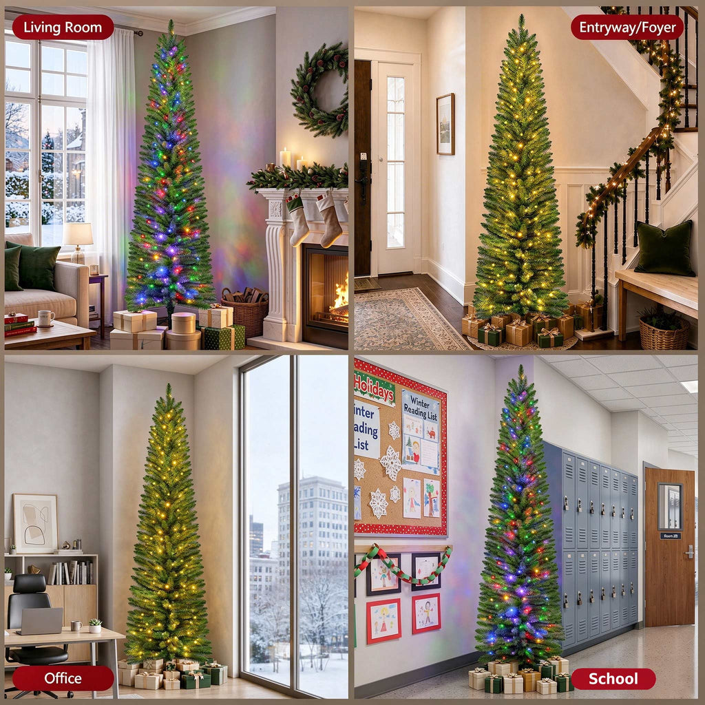 Goosiay Pre-Lit Pencil Artificial Christmas Tree, 6ft Xmas Tree with Metal Stand for Christmas Decoration, Green