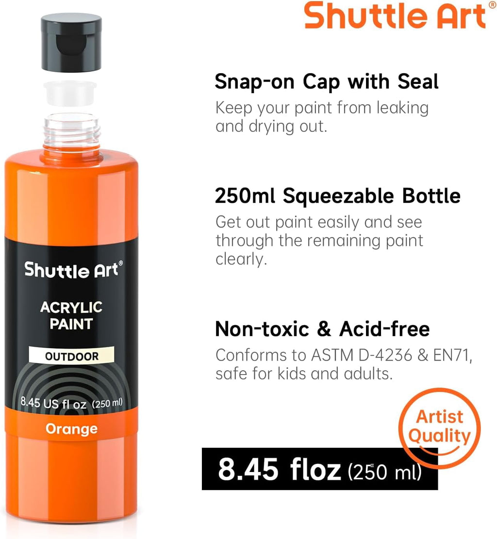 Shuttle Art Outdoor Acrylic Paint Set, 12 Colors Waterproof Paint, 8.45oz/250ml Large Bottles, Rich Pigmented Bulk Painting Supplies on Rocks, Wood, Wall, Crafts, Garden Statues