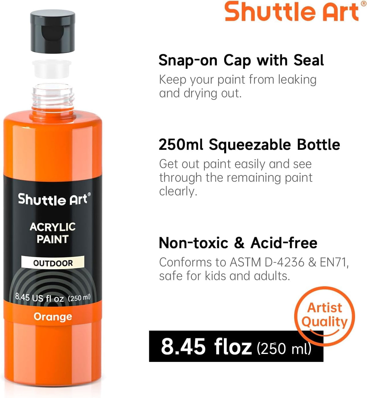 Shuttle Art Outdoor Acrylic Paint Set, 12 Colors Waterproof Paint, 8.45oz/250ml Large Bottles, Rich Pigmented Bulk Painting Supplies on Rocks, Wood, Wall, Crafts, Garden Statues