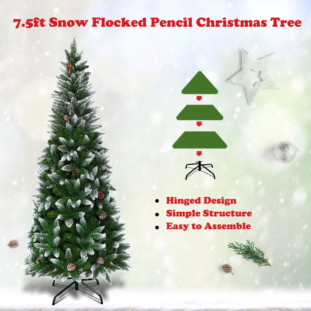 Topbuy 7.5'Artificial Pencil Christmas Tree Snow Flocked Tree w/ Pine Cones and Metal stand