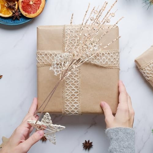 10 Pack Christmas Tree Decorations, Artificial Champagne Glitter Berry Stems Picks Sprays Twigs Branches, for Winter Xmas Tree Vase Filler Home Holiday Decor.