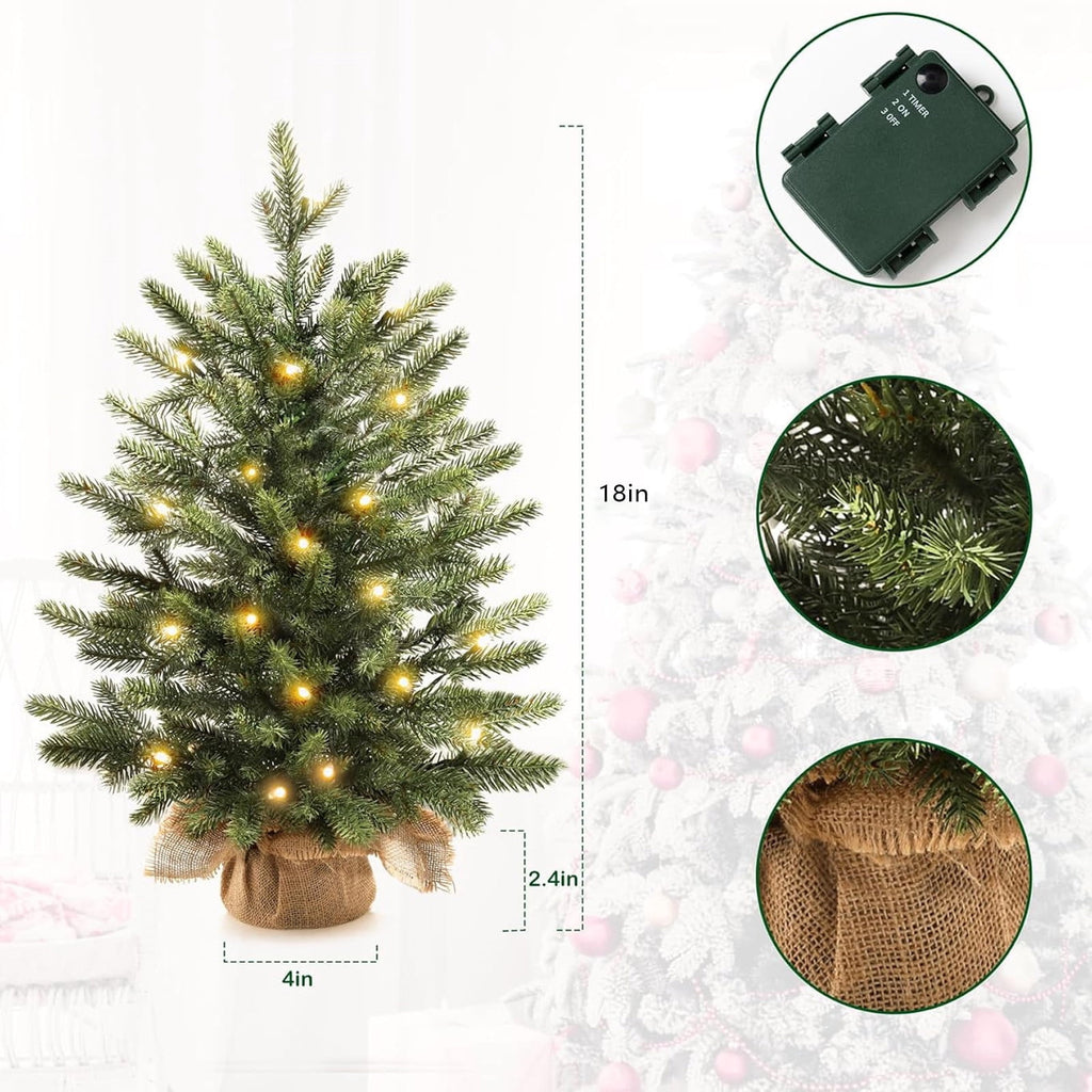 18"Pre-Lit 'Feel Real' Artificial Christmas Tree, Fir Christmas Tree, Premium Xmas Tree for Home, Office, Party Decoration, Includes Burlap Bag Base, Green, with warm light