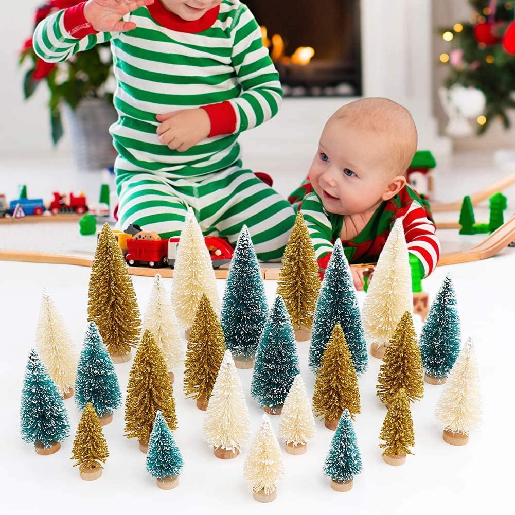 Ayieyill 30PCS Artificial Mini Christmas Trees, Mini Pine Tree Sisal Trees with Wood Base Bottle Brush Trees for Christmas Table Top Decor Winter Crafts Ornaments