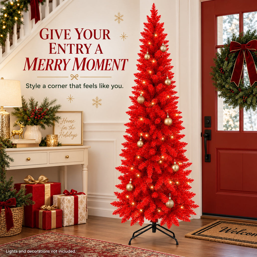 Ahititi 7 FT Red Christmas Tree, Slim Artificial Pencil Tree with 950 PVC Tips, Hinged Branches & Folding Stand, Holiday Decor