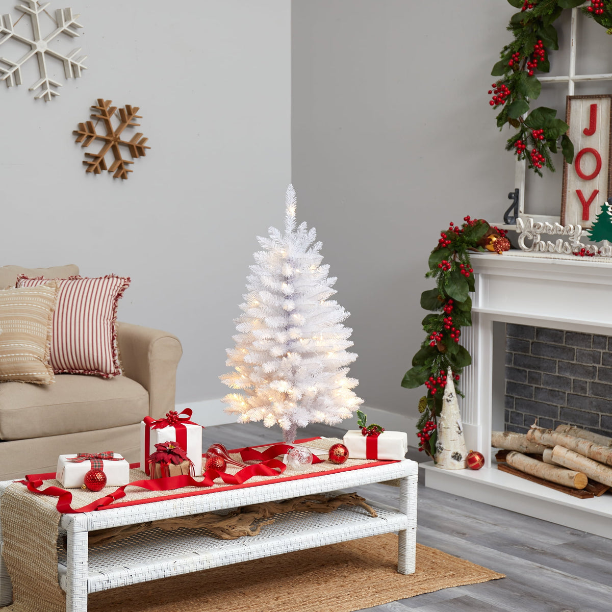 Nearly Natural 3' White Slim Artificial Christmas Tree Prelit 50 Warm White LED Lights