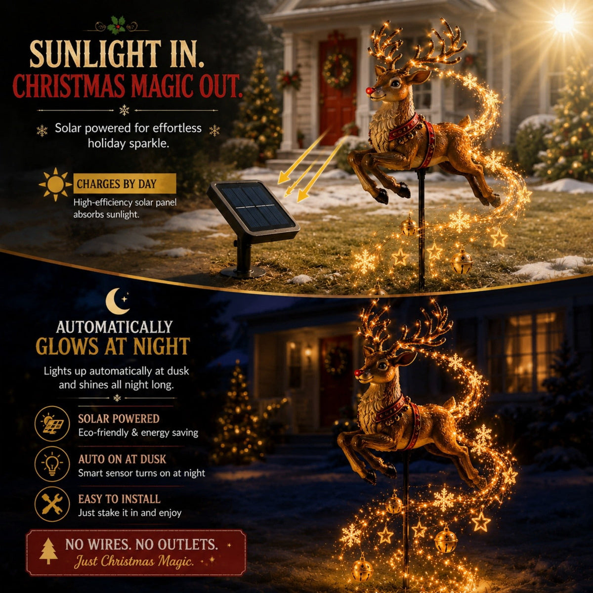 Solar Reindeer Christmas Garden Stake Light, Flowing LED Stars and Snowflakes, Resin Outdoor Holiday Yard Decoration for Lawn, Pathway, Porch, Garden and Entryway, 31.5 in Multicolor