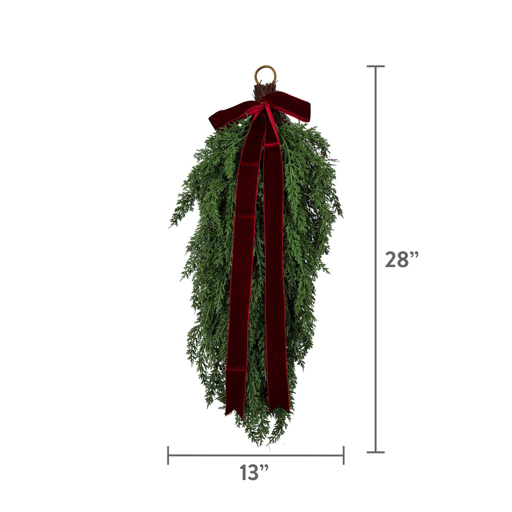 My Texas House Natural Feel Cedar Artificial Christmas Swag with Velvet Bow, Green and Red, 28"