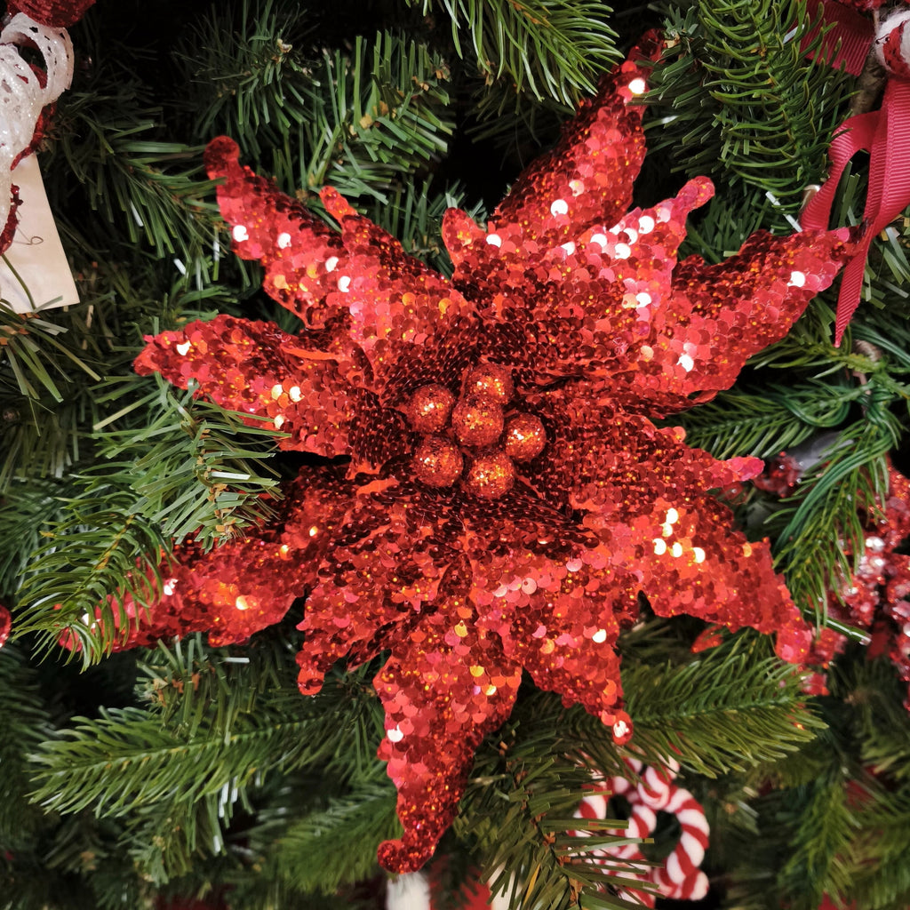 Red Sequin Poinsettia Christmas Clip Ornament, 12", by Holiday Time