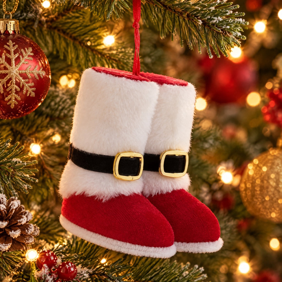 Red and White Velvet Santa Boots Christmas Ornament, 3.5", by Holiday Time