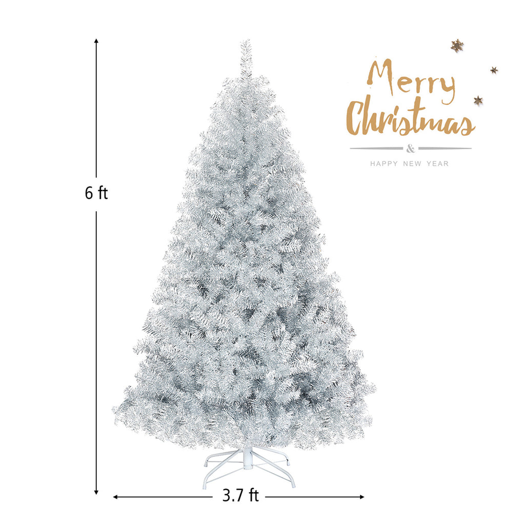 Gymax 6 FT Silver Tinsel Christmas Tree Artificial Hinged Tree Holiday Decoration