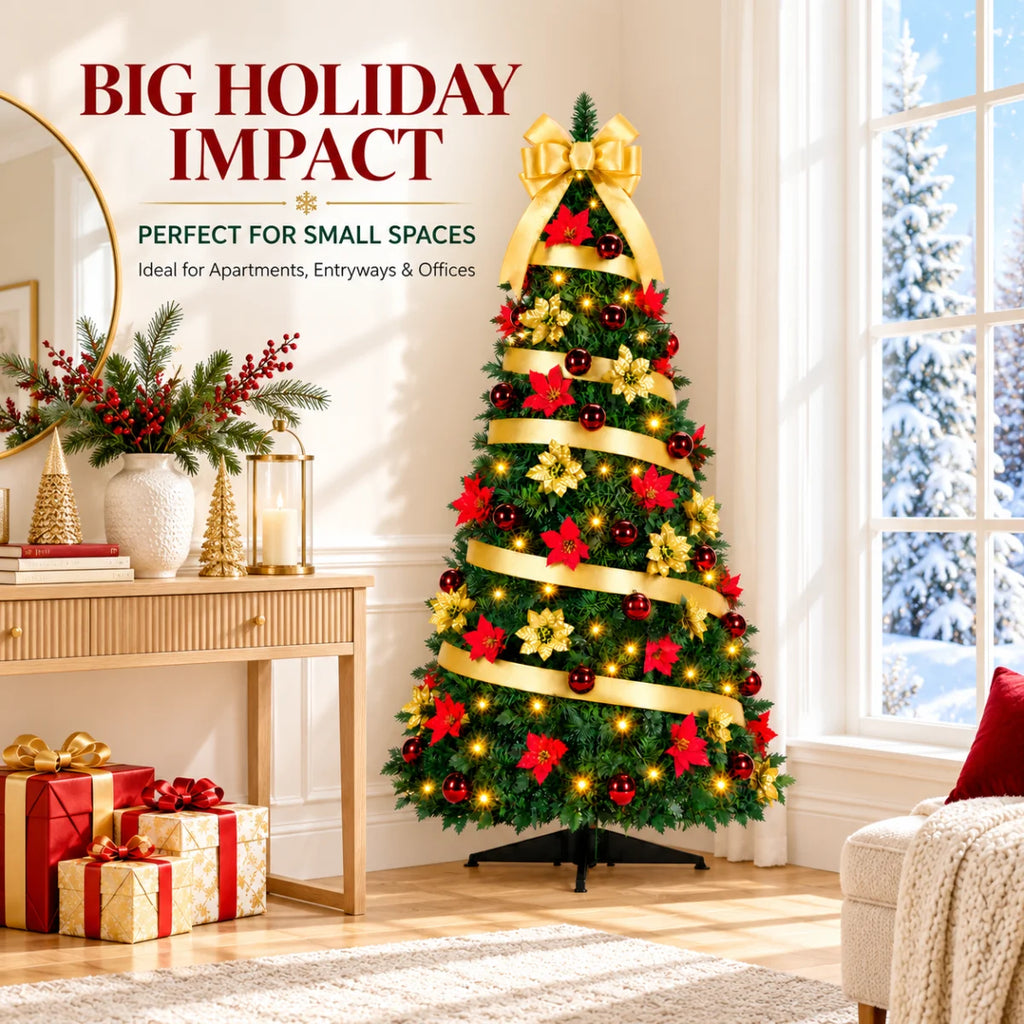 SUGIFT 6ft Pop-Up Pencil Christmas Tree, 200 LED Lights, 8 Modes, 100 Ornaments, Gold Bow, Easy Setup
