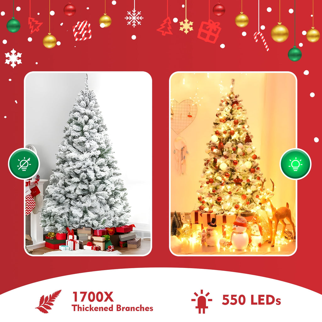 DAYBETTER 6ft Artificial Christmas Tree, Snow Flocked Christmas Pine Tree, with 210 Warm White Lights, 627 White Tips Branch, Includes Metal Stand for Xmas Holiday, Indoor and Outdoor Decor