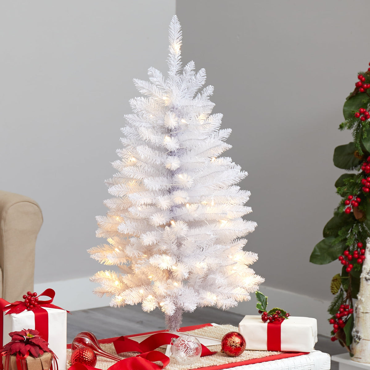 Nearly Natural 3' White Slim Artificial Christmas Tree Prelit 50 Warm White LED Lights