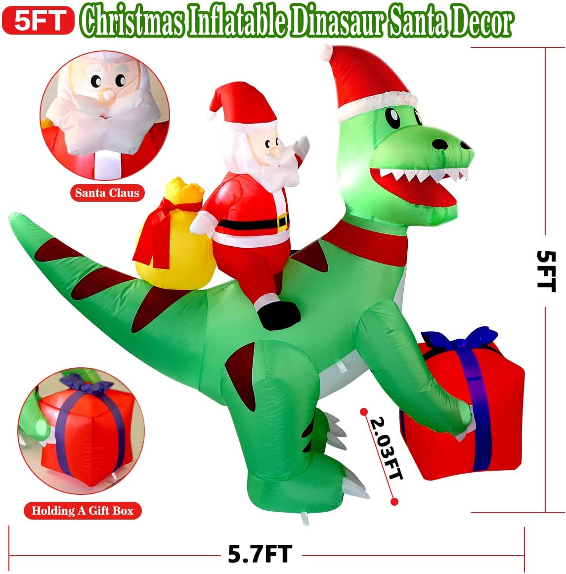 7FT Christmas Inflatable Decorations Clearance, Giant Xmas Santa Dinosaur Blow Up LED Light Up Indoor Outdoor Yard Decorations with Gift Box, Holiday Xmas Party Patio Garden Lawn New Year Kids Gifts