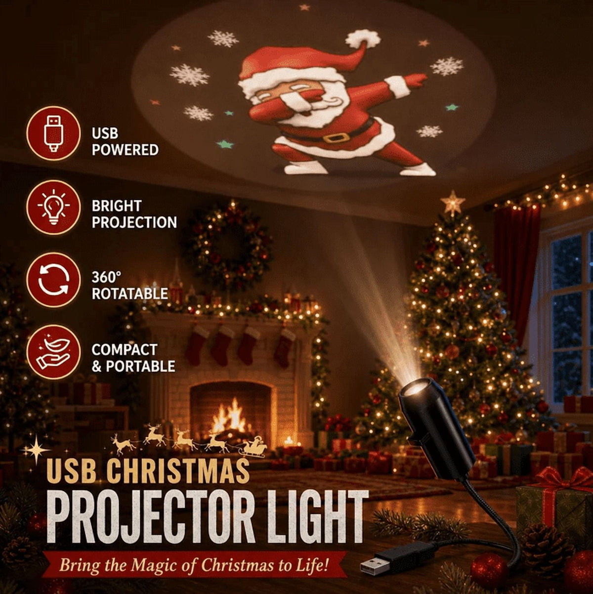 Plug-&-Play HD Christmas&Halloween Projector, USB Flexible 360° Rotatable Holiday Projection Lamp with 10 Festive Pattern Slides for Indoor Ceiling Wall Xmas Decor Christmas 6 Scenes