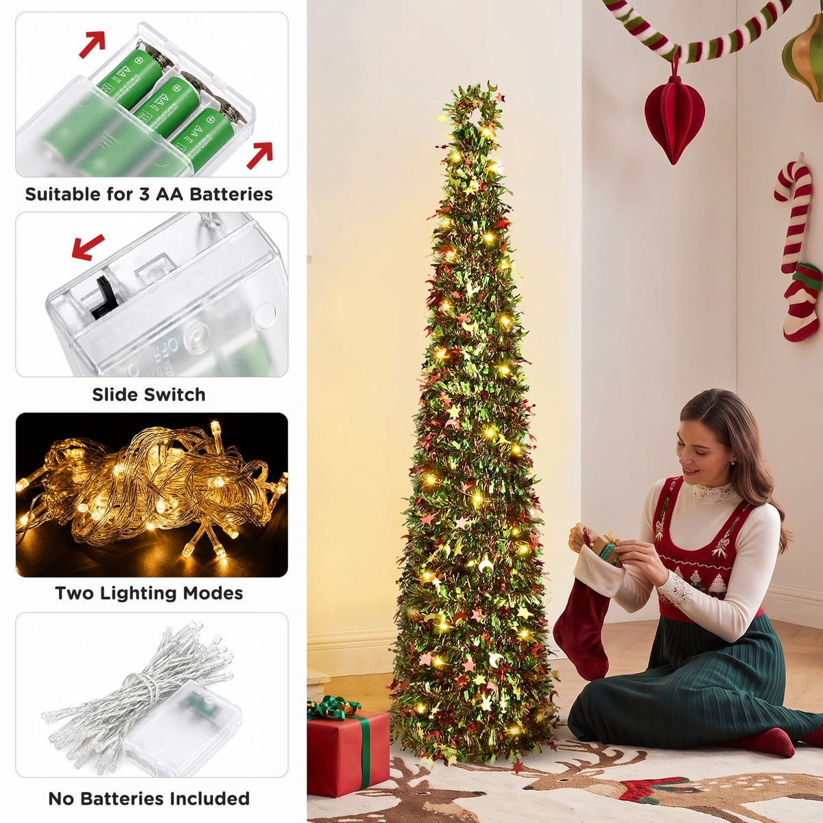 Ayieyill 5ft Pencil Christmas Tree, Collapsible Xmas Tree with Lights, Pop Up Tinsel Tree for Christmas Decorations Indoor, Pink White