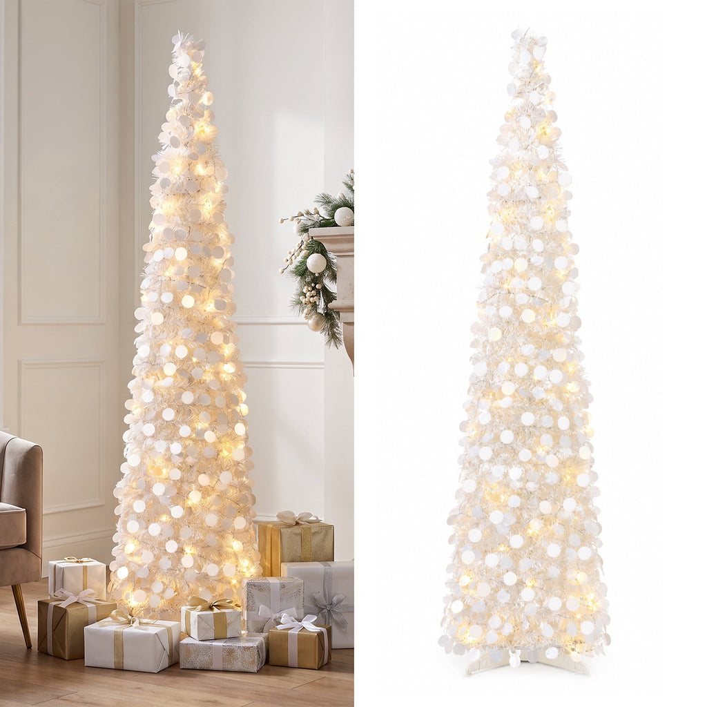 Ayieyill 5ft Pencil Christmas Tree, Collapsible Xmas Tree with Lights, Pop Up Tinsel Tree for Christmas Decorations Indoor, Pink White