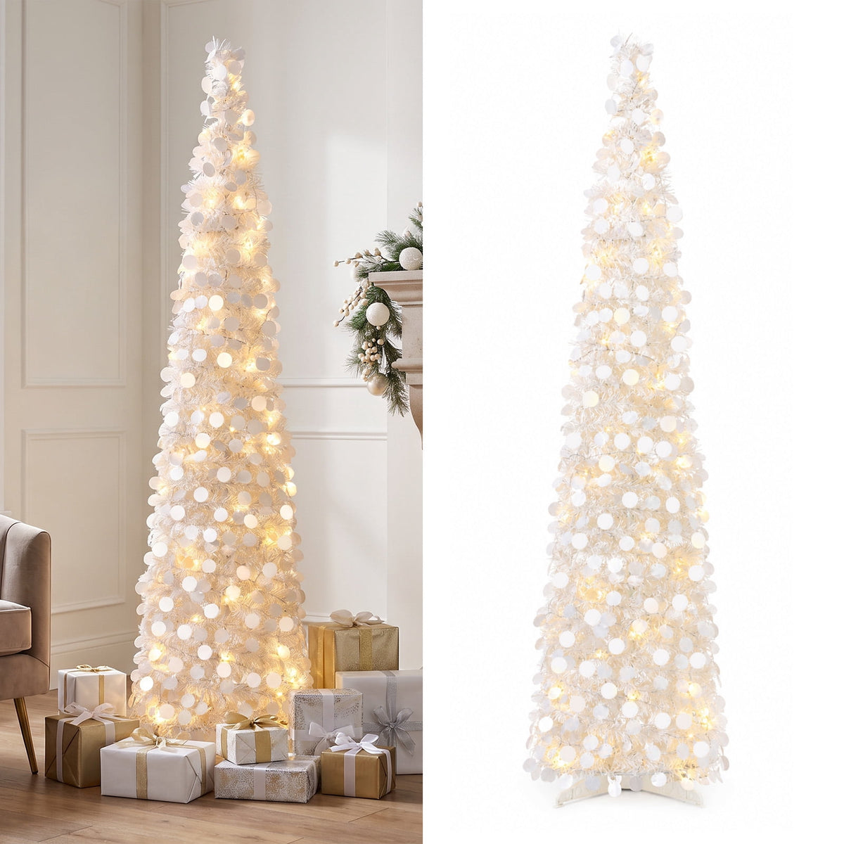 Ayieyill 5ft Pencil Christmas Tree, Collapsible Xmas Tree with Lights, Pop Up Tinsel Tree for Christmas Decorations Indoor, Pink White