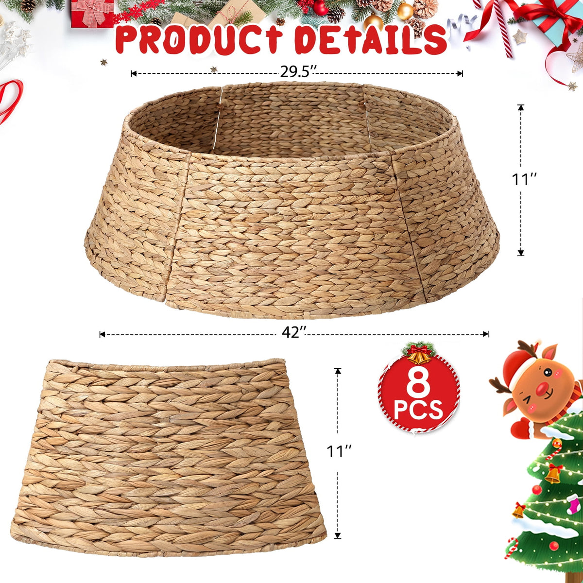 Ayieyill 26in Woven Hyacinth Christmas Tree Collar, Christmas Tree Decorations, Tree Skirt Accessory w/ Cord Cut-Out | Natural