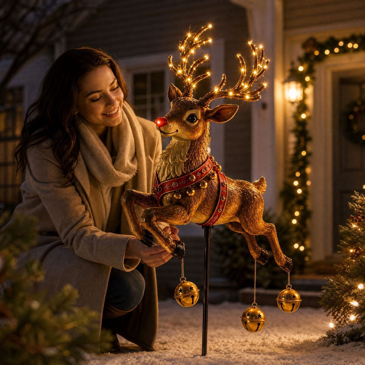 Christmas Reindeer Lighted Yard Stake, Bell and Snowflake Outdoor Decor for Lawn Garden Pathway Porch Holiday Display, 31.9 in