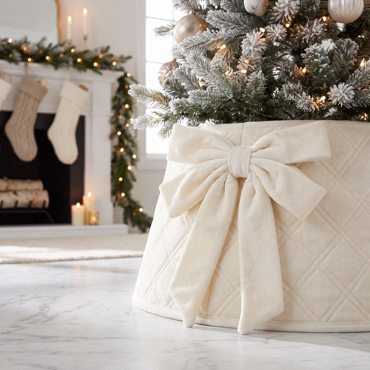 Quilted Velvet Stand Band Christmas Tree Collar, Cream, 23", by Holiday Time