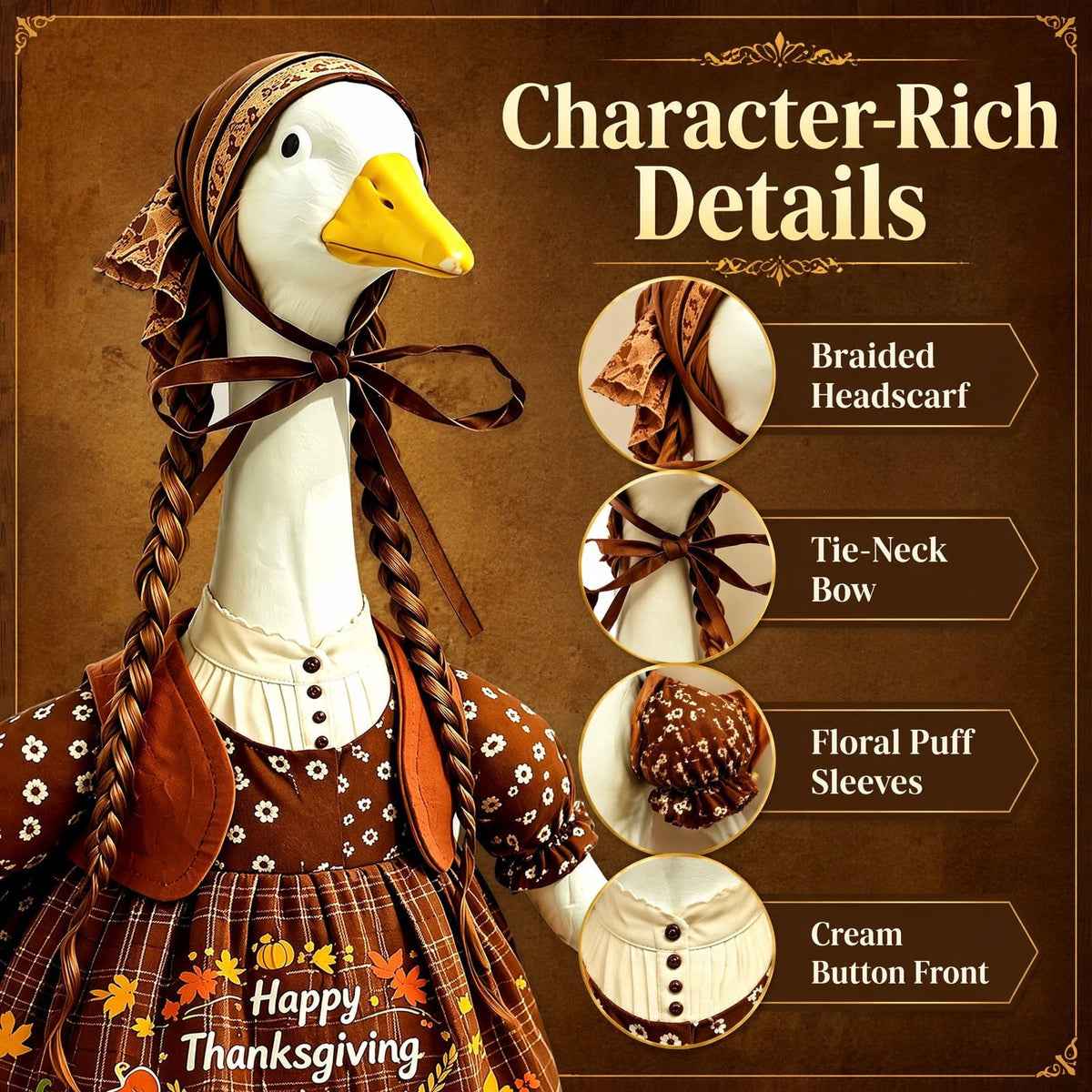 AZXY Thanksgiving Porch Goose Outfit, 23 Inch Lawn Goose Costume with Pilgrim Hat & Pumpkin Turkey Print Dress, Goose Clothes for Cement Plastic Goose Statue, Outdoor Yard Patio Fall Garden Decor