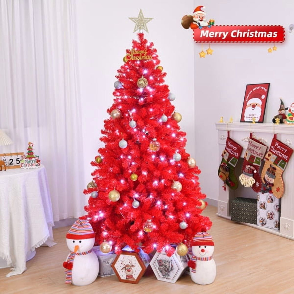 7FT Pre-Lit Red Christmas Tree - 1100 PVC Branch Tips, 400 LEDs, 10 Modes w/Remote, Flame-Retardant Artificial Holiday Centerpiece