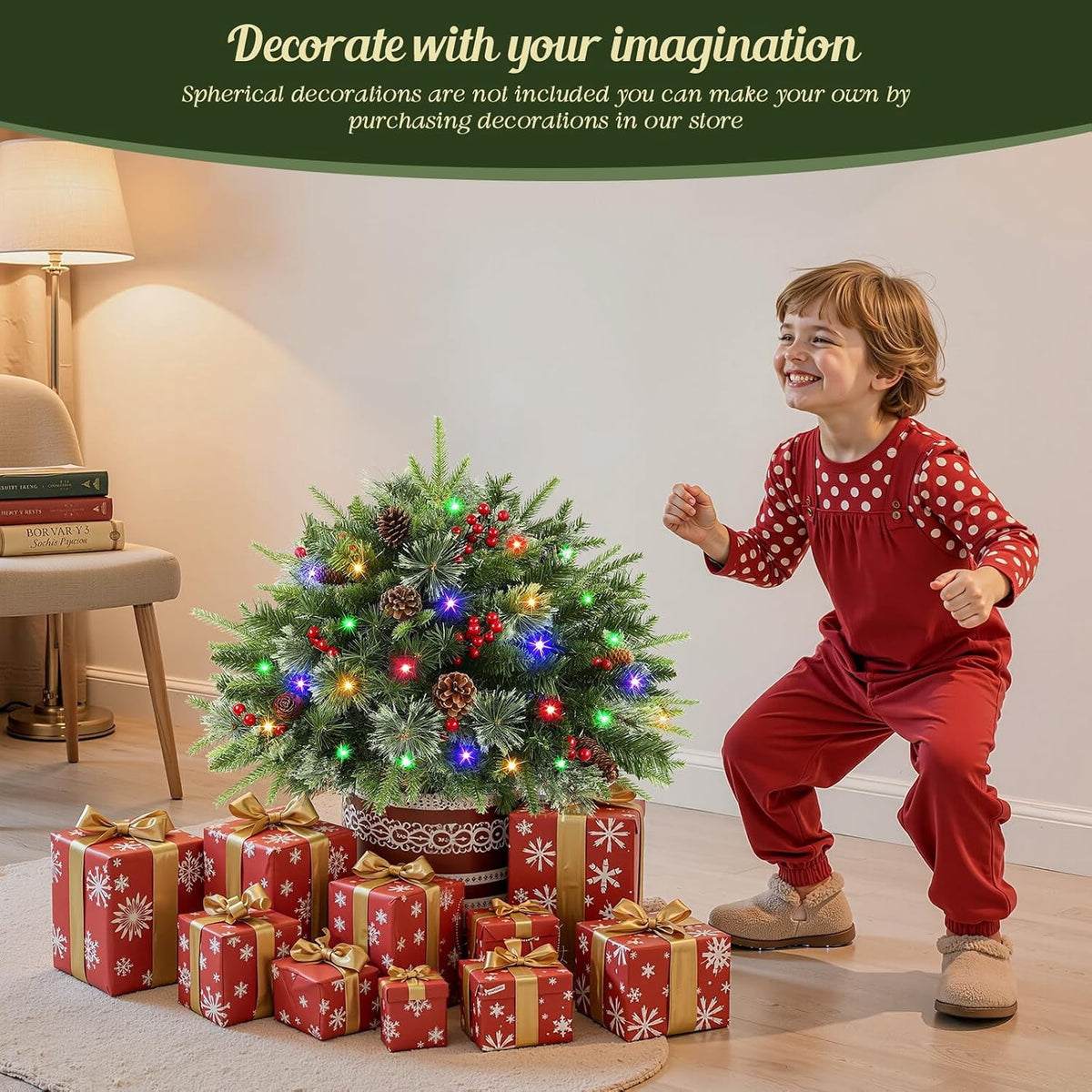 Lolsea Set of 2 18 Inch Pre-lit Outdoor Christmas Tree with Multi-Color Lights, Timer, Battery Operated, Lighted Pathway Urn Filler with Pine Cones