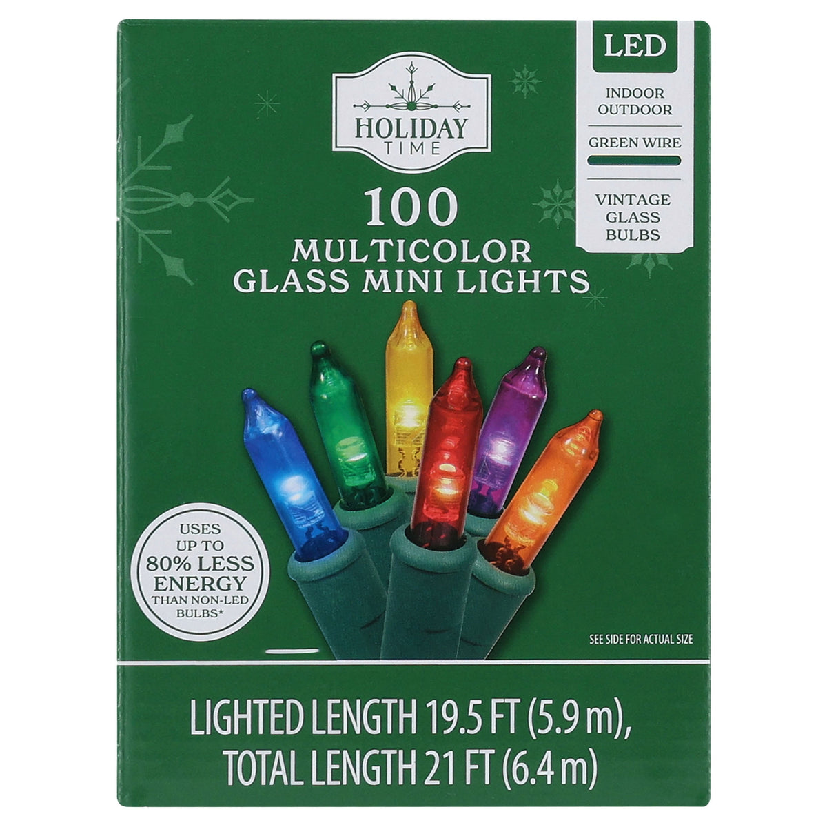 Indoor/Outdoor 100-Count LED Glass Mini Christmas String Lights, Warm White, Green Wire, 19.5', by Holiday Time