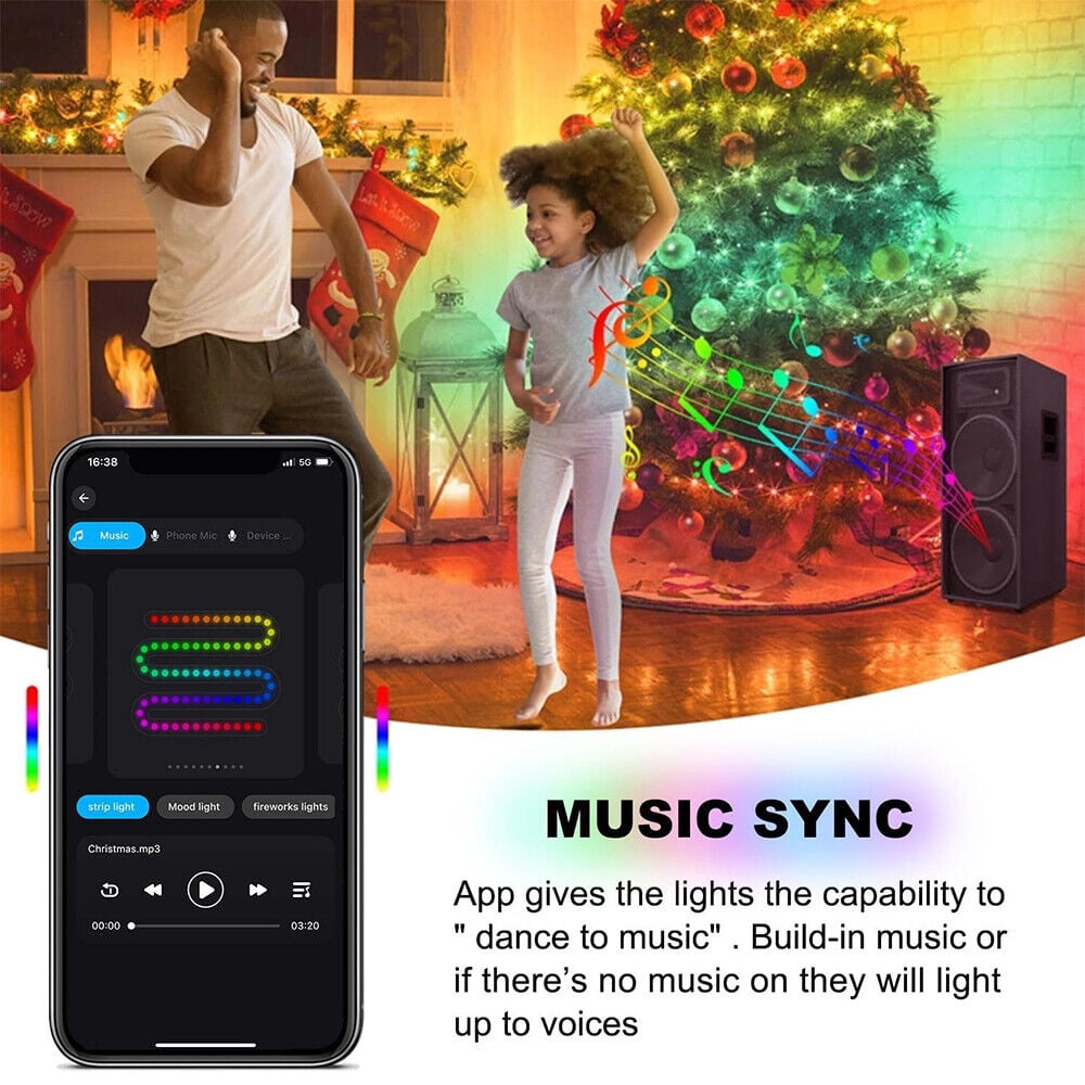 IC ICLOVER Christmas Tree String Lights Decorations with Ring Smart APP, 400 LED Waterfall Lights IP65 Waterproof Multi-Modes with Remote Color Changing Lights for Wedding Yard Party Home Holiday
