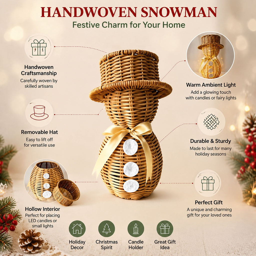 FeiBiQiuBi 14.9" Resin Rattan Style Snowman, Rustic Snowman Decorations with Bow, Woven Natural Style Freestanding Design Winter Farmhouse Decor for Home Kitchen Garden, Holiday Table Mantel Decor