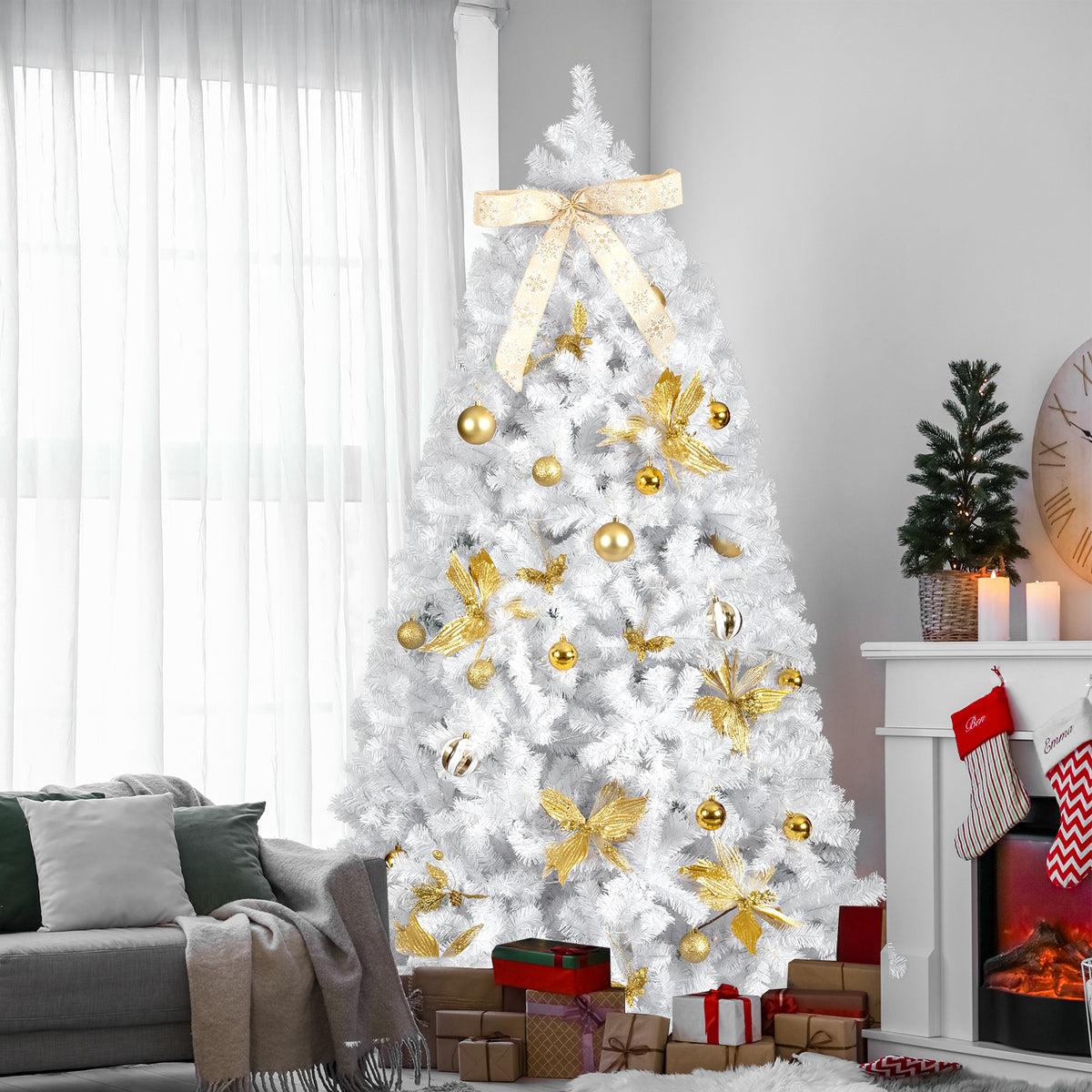 UBesGoo 7.5ft DIY Christmas Tree, Hinged Artificial Pine with 400 Warm LEDs & Golden Ornaments, Includes Tree Skirt, Green