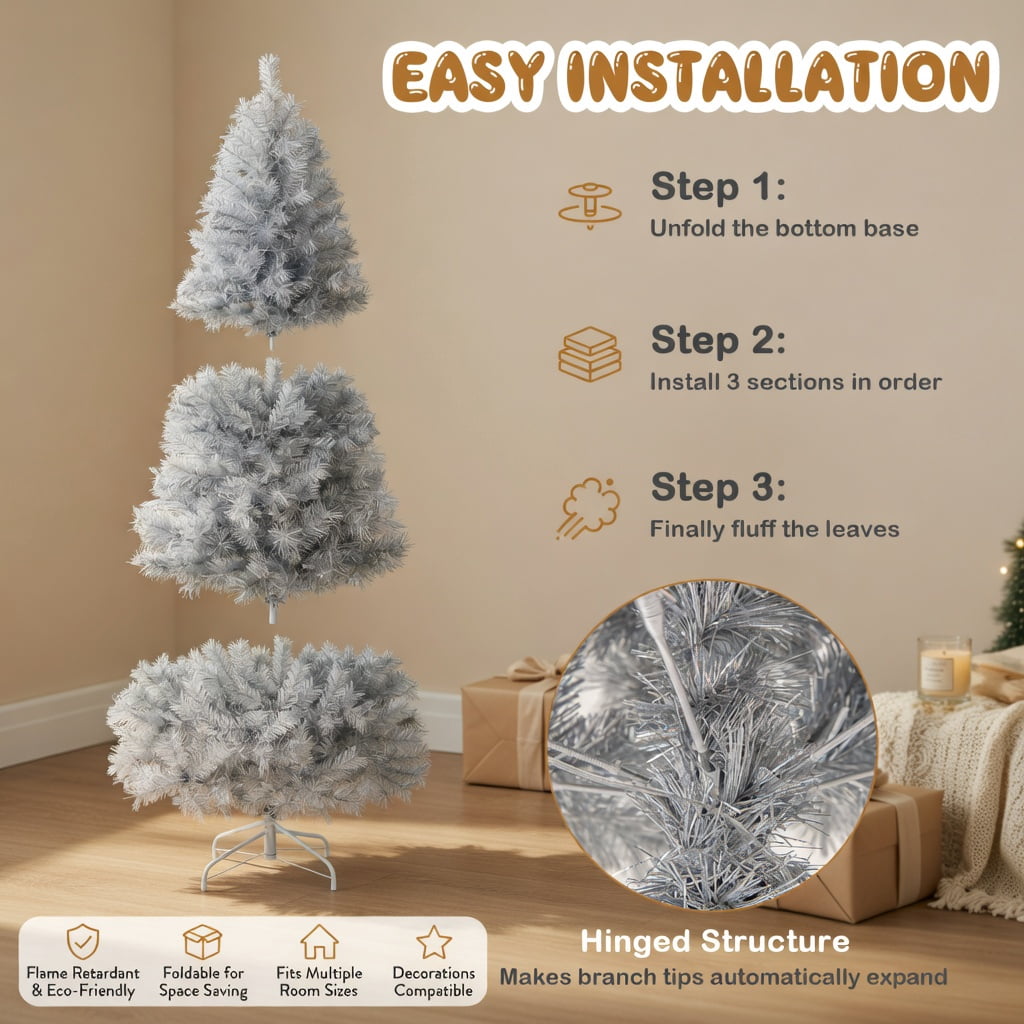 Resenkos 6-Ft Artificial Christmas Tree with Warm White LED Lighting - Silver