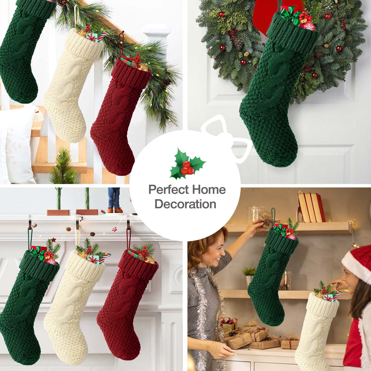 Ayieyill 6pcs Christmas Stockings Large Knitted Xmas Stockings 18 Inches Fireplace Hanging Stockings for Family Holiday Christmas Decoration