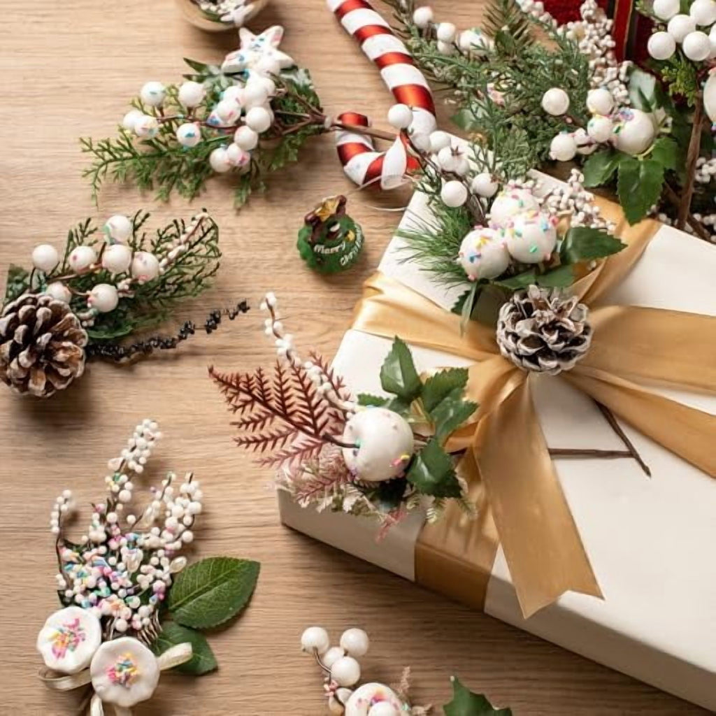 Crafare12 Pack Artificial Christmas Tree Picks Assorted Candy Pine Picks Spray with Pinecones Apples Holly Leaves Winter Holiday Season Decoration
