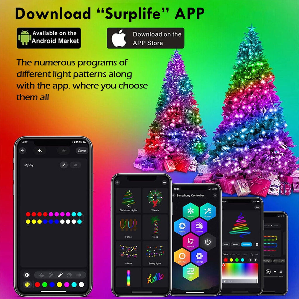 IC ICLOVER Christmas Tree String Lights Decorations with Ring Smart APP, 400 LED Waterfall Lights IP65 Waterproof Multi-Modes with Remote Color Changing Lights for Wedding Yard Party Home Holiday