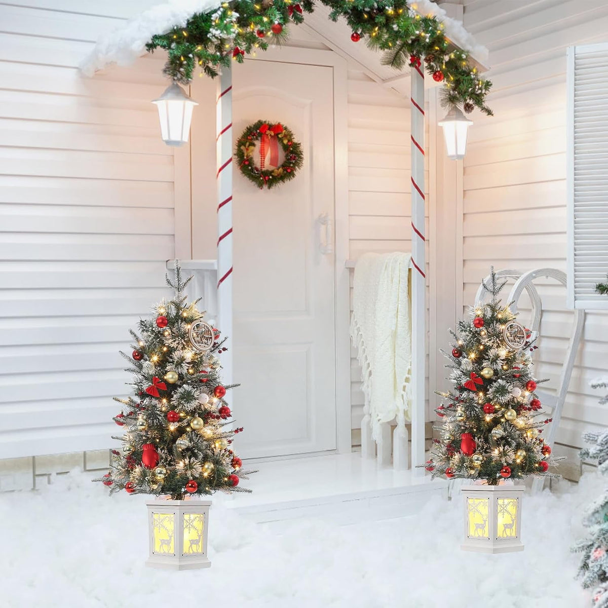 4ft Pre-Lit Artificial Christmas Tree with Large Box Base, 200 LED Lights, 4 Red Berries, Full Snow Branch Tips, Small Snowy Christmas Tree for Home, Office