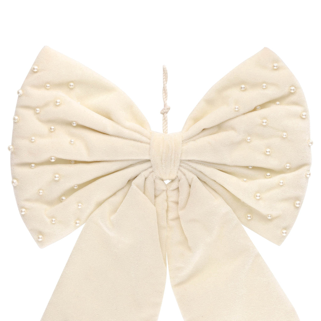 My Texas House Cream Velvet Beaded Decorative Christmas Bow, 13"