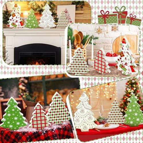 Huwena 5 Pcs Wooden Christmas Trees Decor,Red Green White Buffalo Plaid