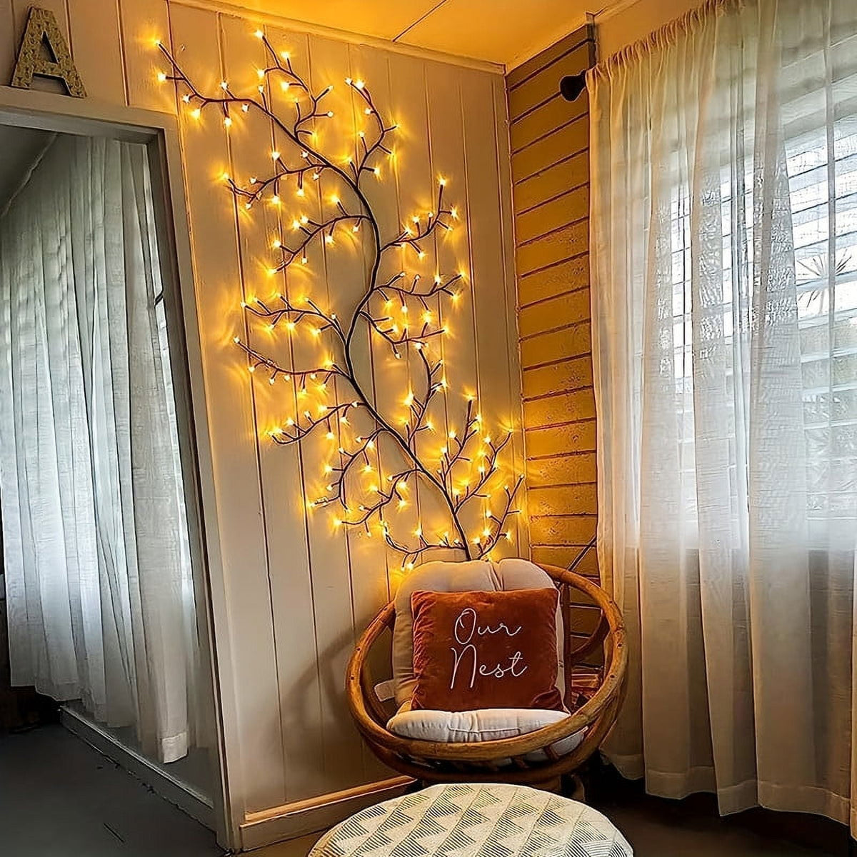 96 LED Indoor Wall Tree Lights Willow Vine Light Artificial Plants Tree Branches Lights 8 Modes 6 FT Flexible Enchanted Christmas Decoration (Warm White)