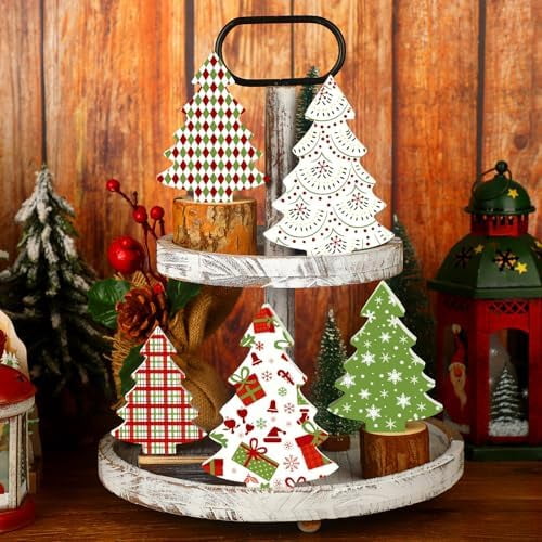 Huwena 5 Pcs Wooden Christmas Trees Decor,Red Green White Buffalo Plaid